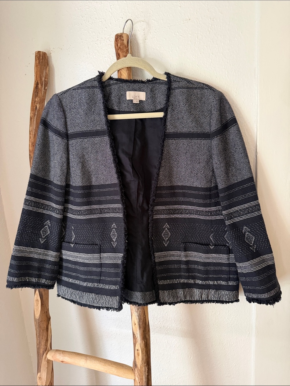 LOFT Navy and White Woven Tweed Fringe Edge Textured Open-Front Jacket LP